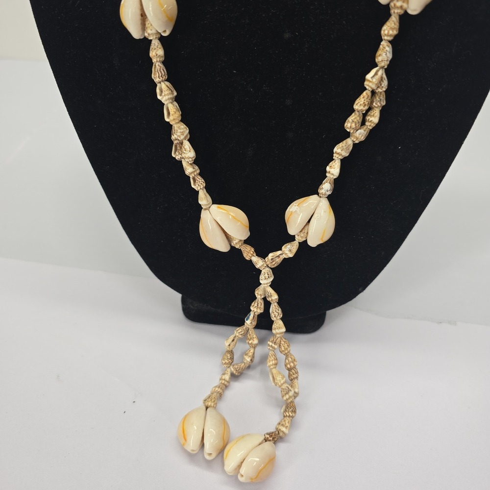 Vintage Natural Cowrie Shell Long Lariat Necklace Boho Coastal Cream Tan - Picture 2 of 6